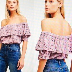 Free People Eyelet Off Shoulder Mauve Ruffle Crop Top S